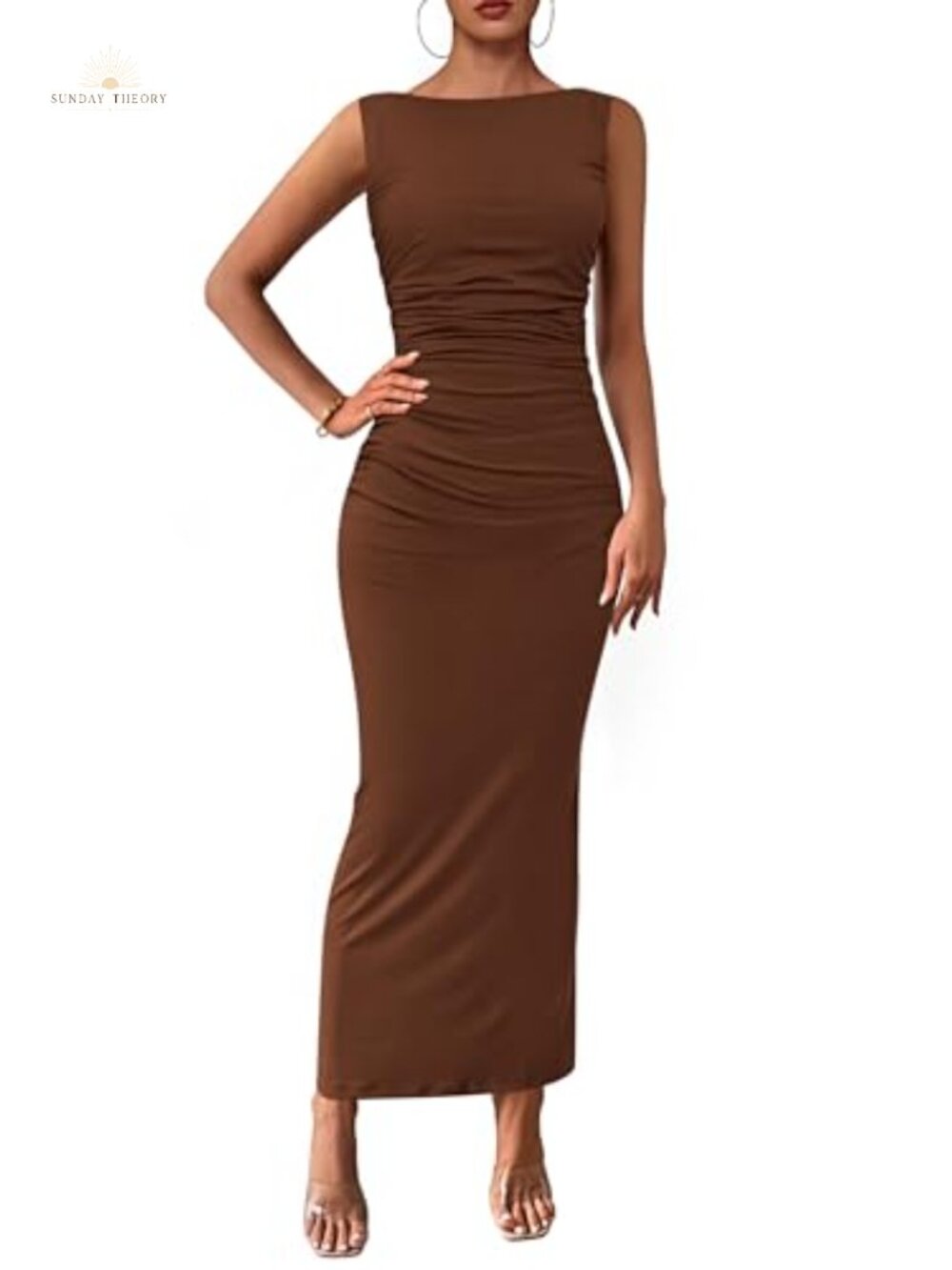 Women's Bodycon Midi Dress Ruched Sleeveless Boat Neck Summer Party